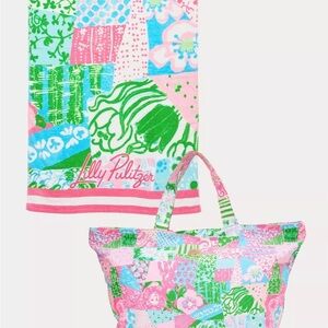 NWT Lilly Pulitzer beach/pool  tote and towel in multi crazy quilt